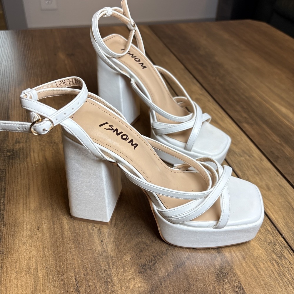 ISNOM Womens 6 White Platform Sandals Bratz Core Faux Leather 5" Block Heel